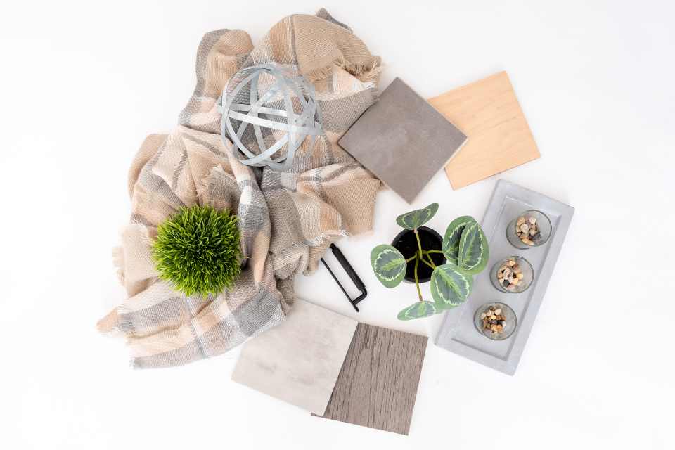 Limewash industrial moodboard with natural greenery, concrete look flooring